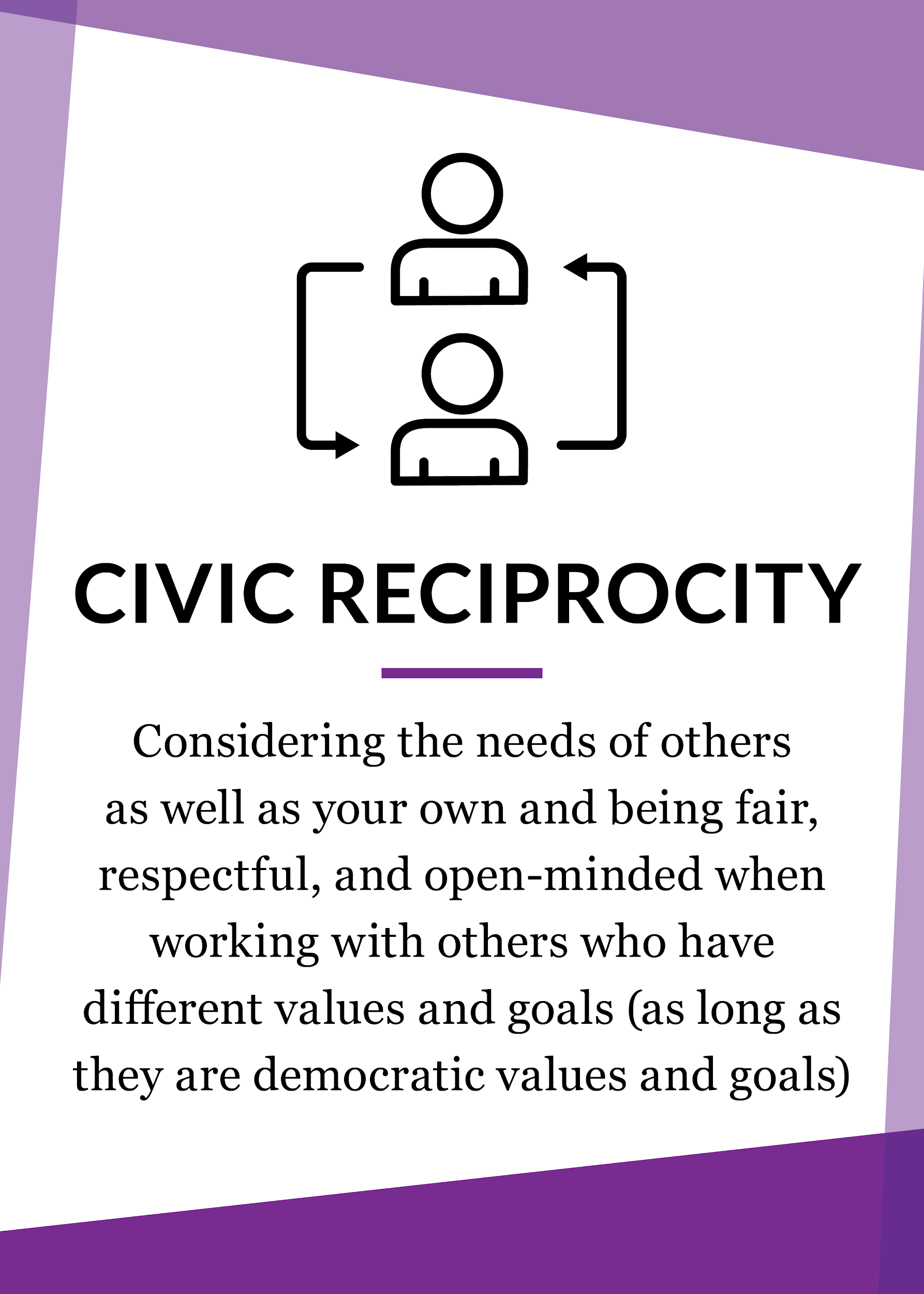 Image titled Civic Reciprocity with an illustration of two people exchanging and text about considering others' needs.