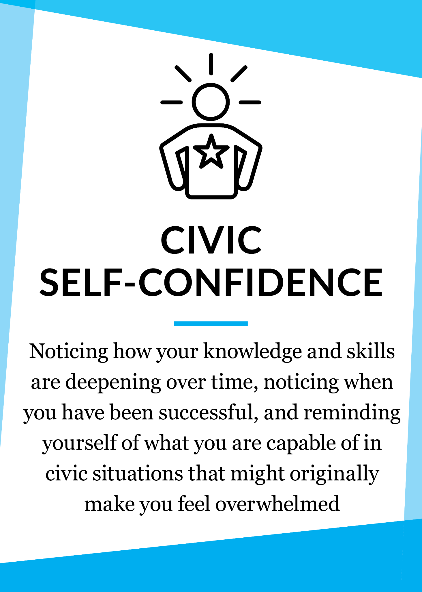 Image titled Civic Self-Confidence with an illustration of a person with a star and text about building knowledge and skills.