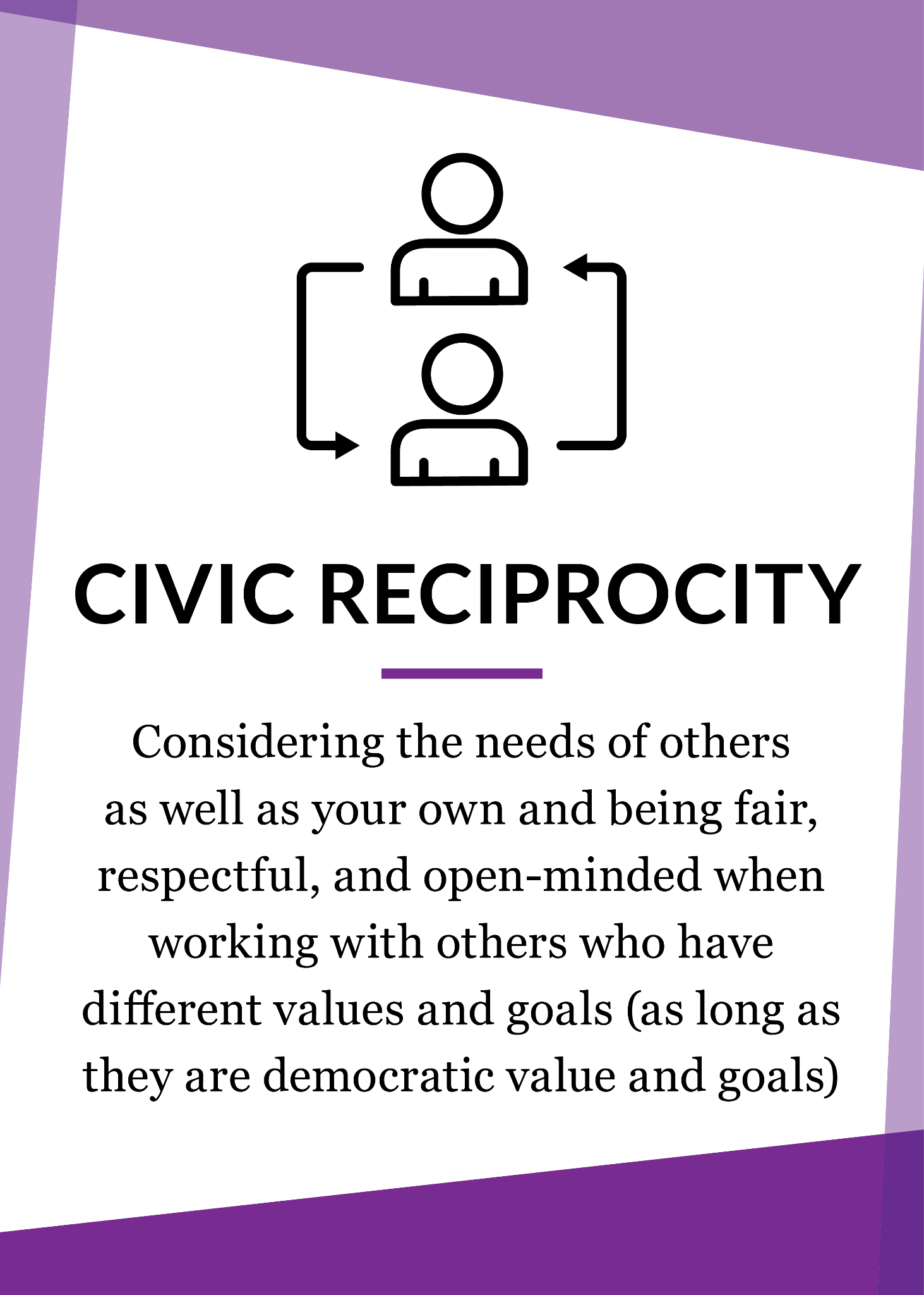 Poster titled 'Civic Reciprocity' detailing the importance of considering others' needs in civic activities.