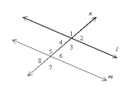 Diagram of intersecting lines labeled l, m, n with numbered angles 1 to 8 at intersections.