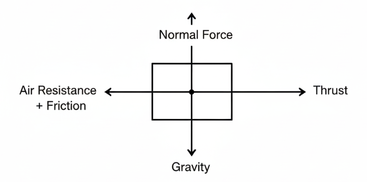 Diagram showing forces with Normal Force upward, Gravity downward, Air Resistance and Friction leftward, and Thrust rightward.