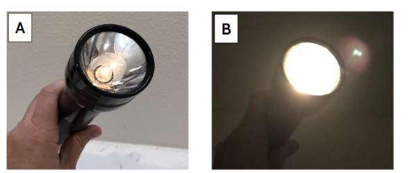 Comparison of two flashlights, labeled A and B. Image A shows a flashlight with a visible bulb, while image B shows a flashlight that is turned on, emitting bright light.