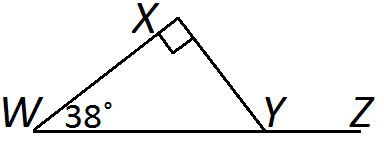 null Diagram of triangle WXY with an external angle Z marked as 38 degrees and a right angle at X.