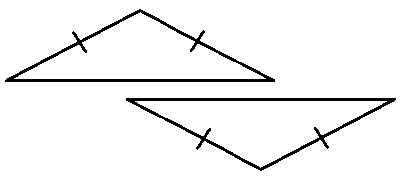 null Two triangles with two pairs of corresponding sides marked equal.