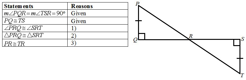 null A geometry problem with a diagram showing triangles PQR and SRT, with a table listing statements and reasons for solving the problem.
