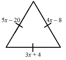 null Triangle with sides labeled with expressions: 5x-20, 4x-8, and 3x+4.