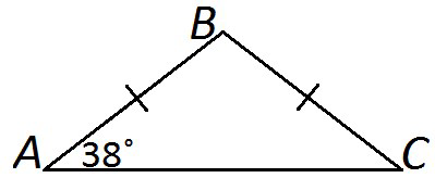 null Isosceles triangle with vertices labeled A, B, C and angle A is 38 degrees.