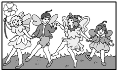 null Illustration of four fairies holding hands and dancing.