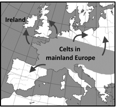 null Map showing the historical migration of Celts in Europe, with arrows pointing from mainland Europe to Ireland.