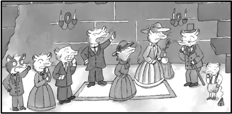 null Illustration of anthropomorphic rats in historical attire in a formal setting.