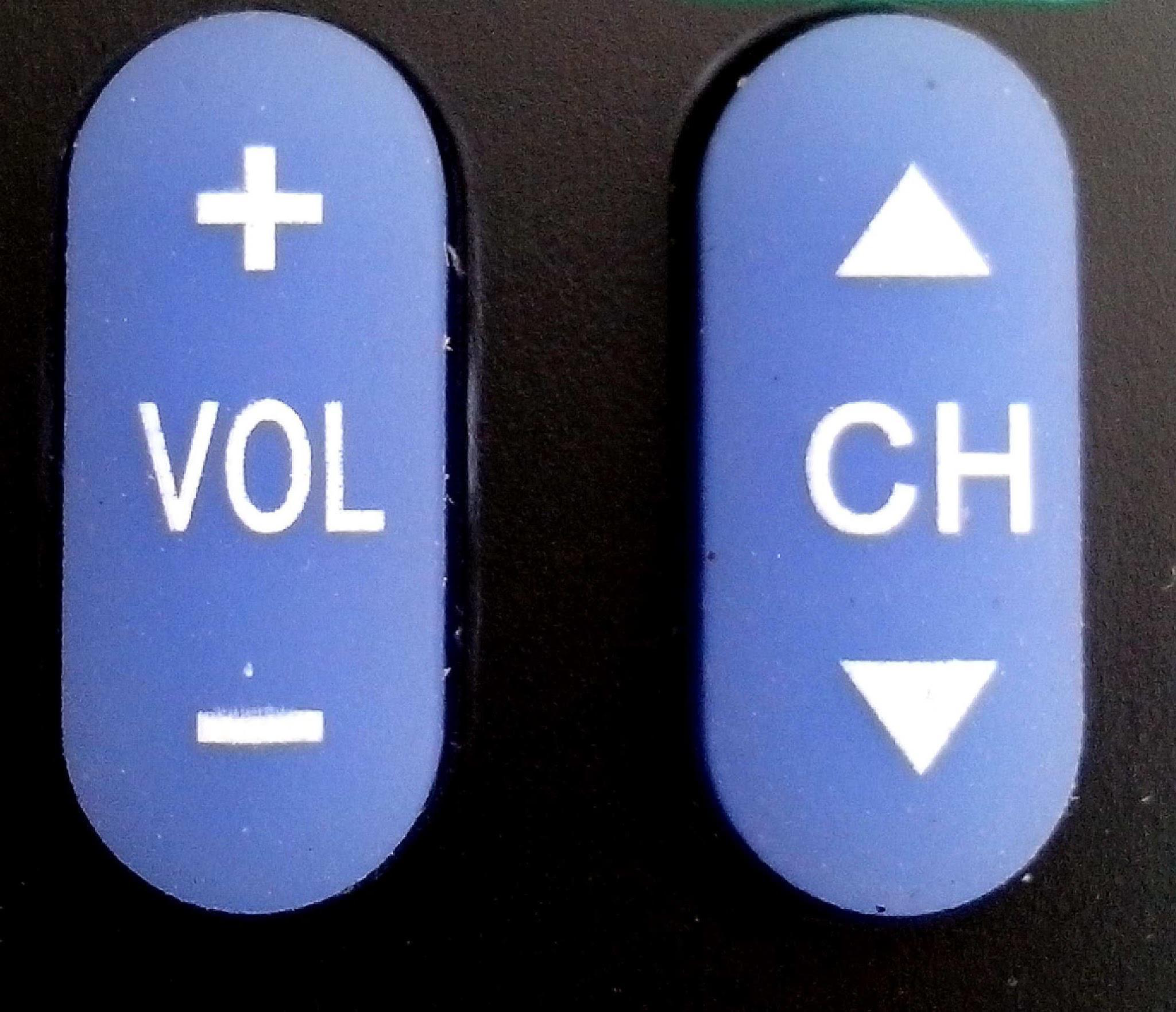 Image of volume and channel buttons with plus and minus symbols.