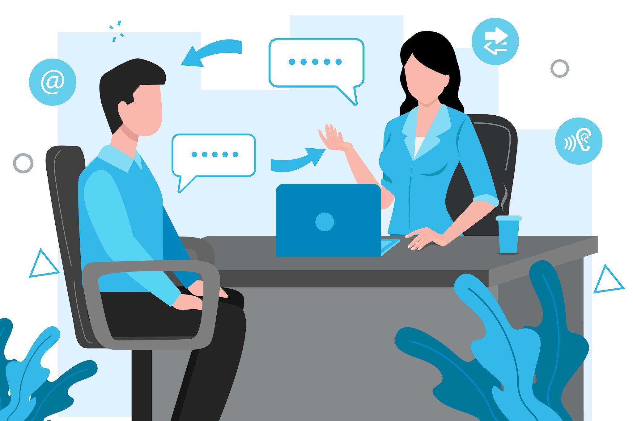 Illustration of a man and a woman in an office setting, communicating across a desk.
