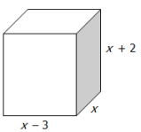 Diagram of a rectangular prism with dimensions labeled x-3, x, and x+2.
