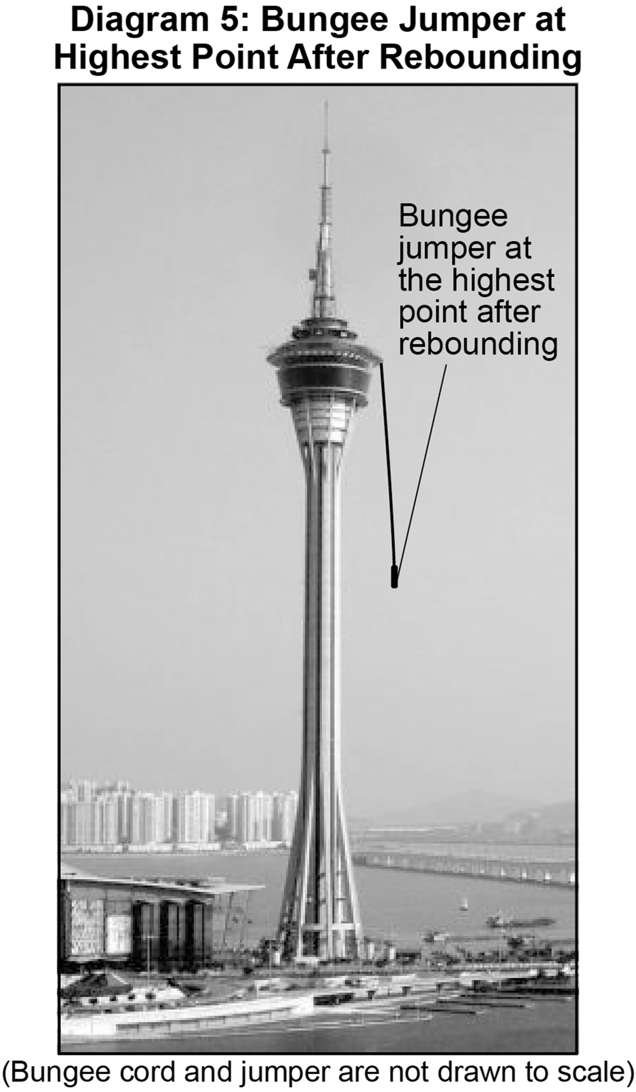 Diagram of a bungee jumper at the highest point after rebounding from a tall tower.