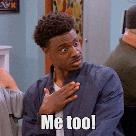 Person with surprised expression and text saying 'Me too!' as a reaction GIF.