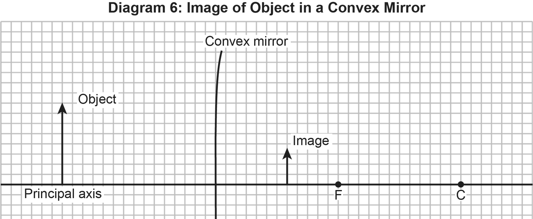 Diagram of an image formed by an object in a convex mirror, showing the principal axis, object, image, focal point (F), and center of curvature (C).