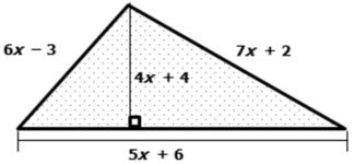 Right triangle with sides labeled 6x - 3, 7x + 2, 5x + 6, and altitude labeled 4x + 4.