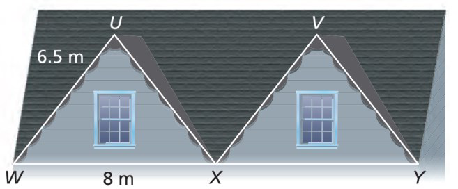 null Diagram of a roof with dimensions labeled, showing two triangular sections, labeled with points W, U, V, X, and Y. The distance between W and X is 8 meters and the height from W to U is 6.5 meters.