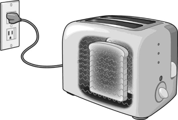 null Diagram of a toaster with a cord plugged into an electrical outlet and a slice of bread inside.