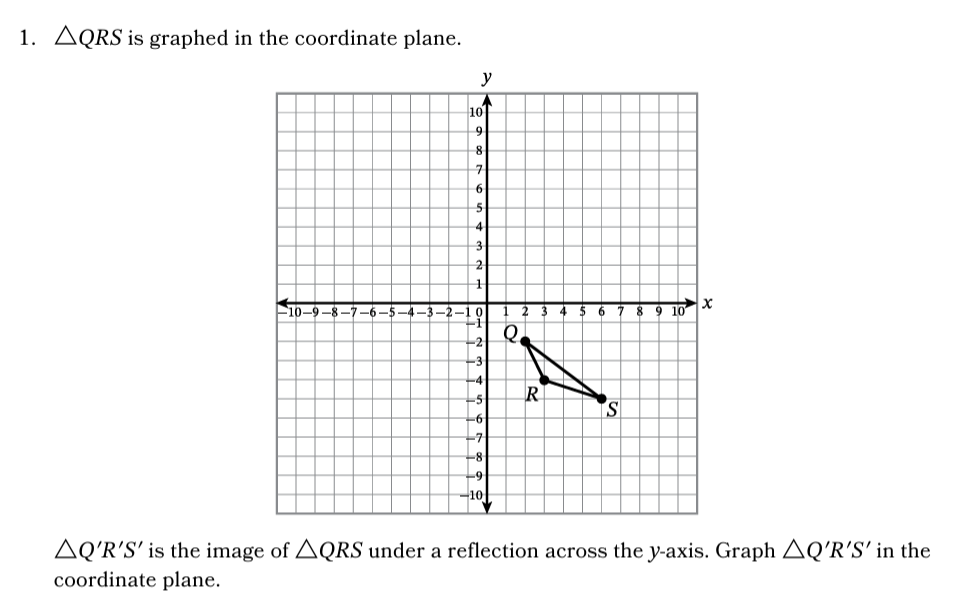 Triangle QRS is graphed in the coordinate plane. It is a right triangle located in the first quadrant near the y-axis.