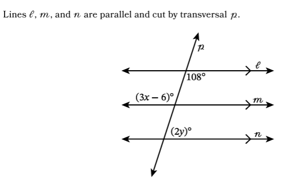 Diagram of lines l, m, and n, which are parallel and cut by transversal p. The angles are labeled 108 degrees, (3x-6) degrees, and (2y) degrees.