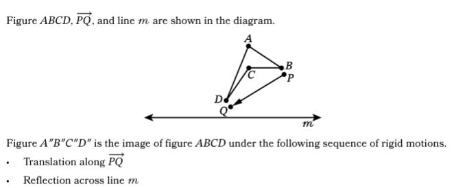 Figure ABCD, line PQ, and line m with instructions for reflection and translation indicating the figure's image under rigid motions.