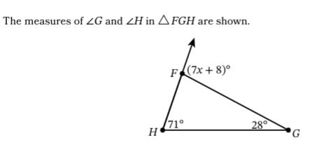 Image showing triangle FGH with angles given and a question asking for the value of x.