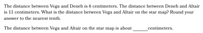 Star map showing a triangle with vertices labeled Vega, Deneb, and Altair, with side lengths 6 cm and 11 cm, and a question asking for the distance between Vega and Altair.