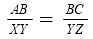 Equation showing proportional sides of triangles: BC/YZ = AC/XY.