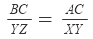 Equation showing proportional sides of triangles: BC/YZ = AC/XY.