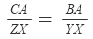 Equation showing proportional sides of triangles: CA/ZX = BA/YX.