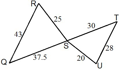null Diagram of two intersecting triangles, labeled QRS and TUS, with side lengths provided.