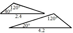 null Two triangles with angles labeled 120 degrees and 40 degrees in one, and 120 degrees and 20 degrees in another.