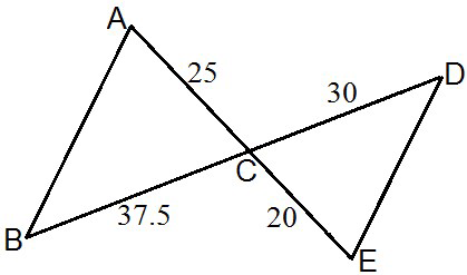 null Diagram of two intersecting triangles, labeled ABC and DEC, with side lengths provided.