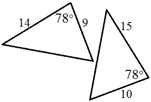 null Two triangles with one having sides 14 and 9, and the other having sides 15 and 10, both with a 78-degree angle.