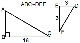 null Image showing two similar right triangles, ABC and DEF, with side lengths labeled.