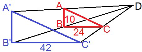 null Two triangles, △ABC in red with sides 10 and 24, and △A'B'C' in blue with side 42, are shown sharing a common vertex along with point D.