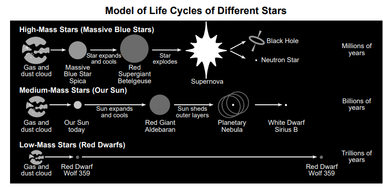 null Diagram depicting the life cycles of different types of stars, including high-mass, medium-mass, and low-mass stars.