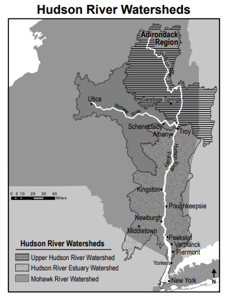 null Map of Hudson River Watersheds showing regions including the Upper Hudson River Watershed, Hudson River Estuary Watershed, and Mohawk River Watershed. Key locations like Albany, Saratoga Springs, and New York are marked.