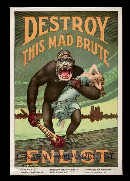 World War I propaganda poster featuring a large gorilla wearing a military helmet, holding a club and a woman, with the text 'Destroy This Mad Brute – Enlist'