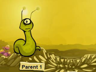 An animated alien-like creature with a single eye and two antennae labeled 'Parent 1' in a yellow background landscape.