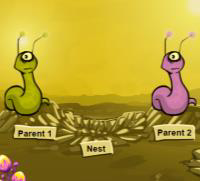Two cartoon snail-like creatures labeled Parent 1 and Parent 2 sitting on a nest.