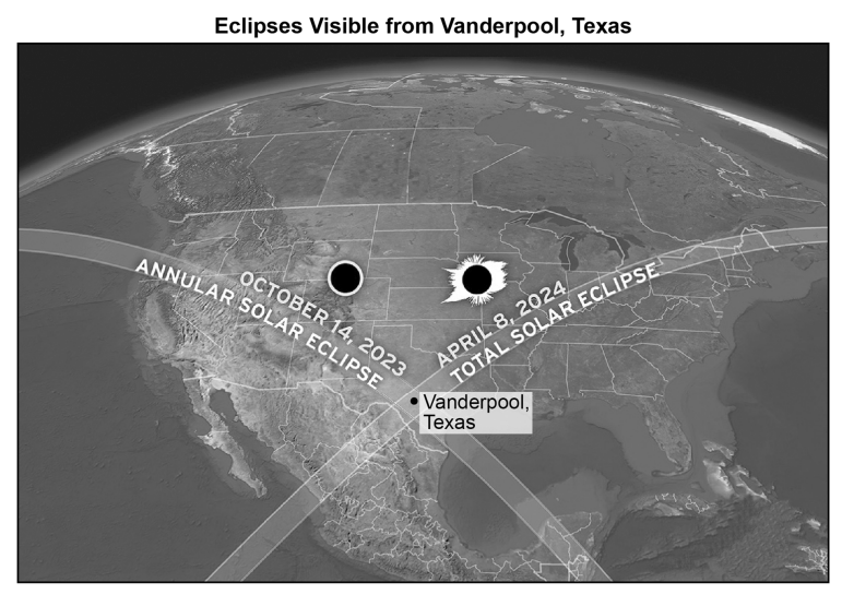 Map showing paths of solar eclipses visible from Vanderpool, Texas. October 14, 2023 for annular eclipse and April 8, 2024 for total eclipse.