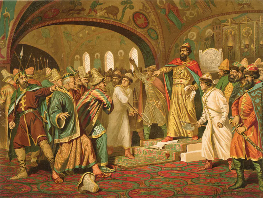 A nineteenth century image of Ivan III confronting the Mongols or Tatars of the Golden Horde in a throne room.