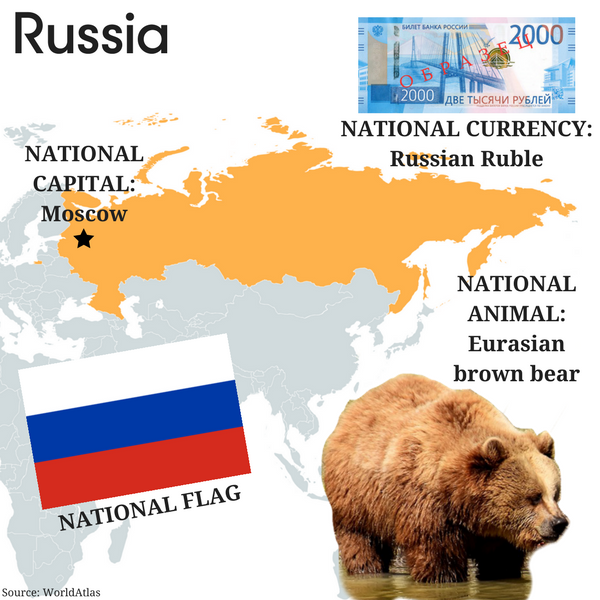 Map of Russia with national capital Moscow, national flag, national currency, and national animal Eurasian brown bear.