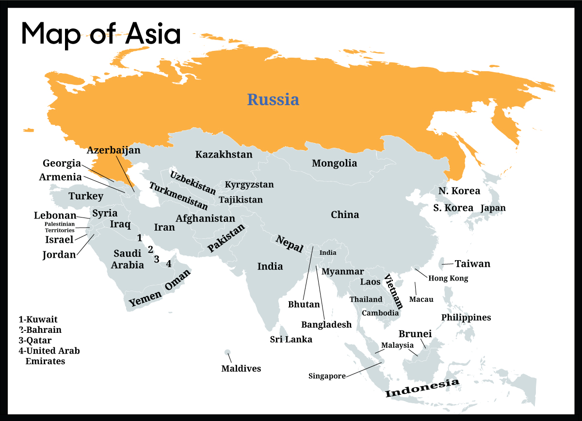 Map of Asia showing Russia and surrounding countries.