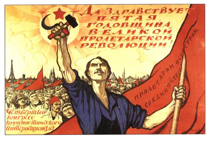 A Soviet propaganda poster from 1922 dedicated to the fifth anniversary of the October Revolution and Fourth Congress of the Communist International.