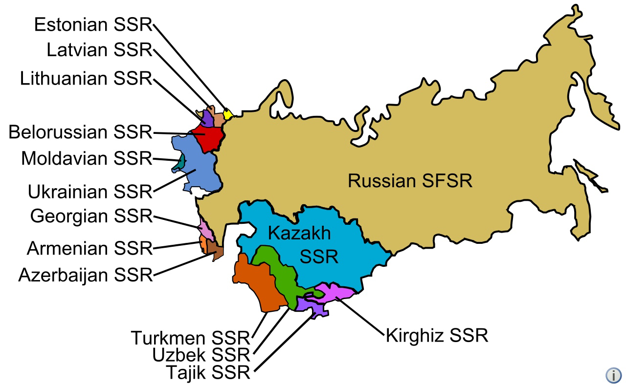 Map showing the republics of the Soviet Union prior to its dissolution.