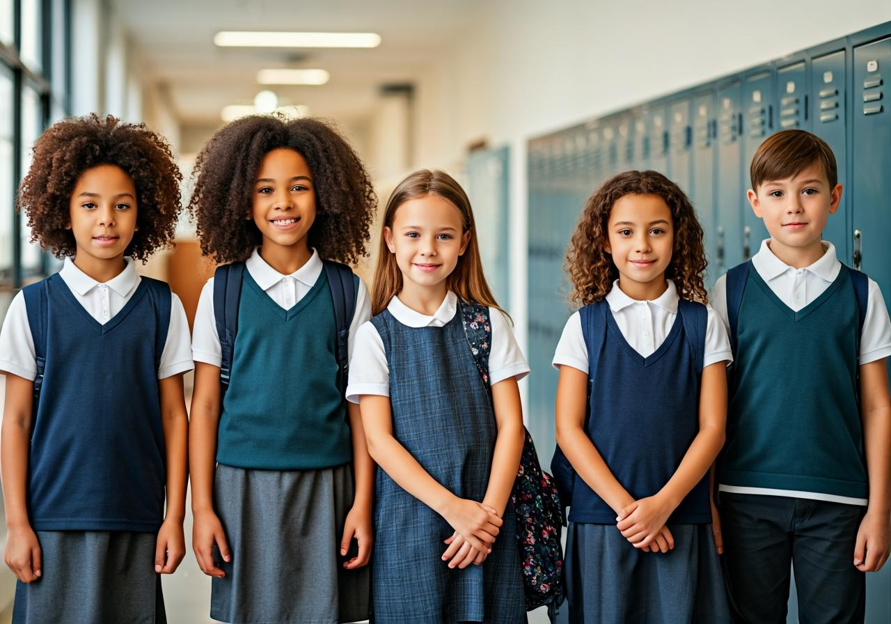Students wearing school uniforms standing in a hallway