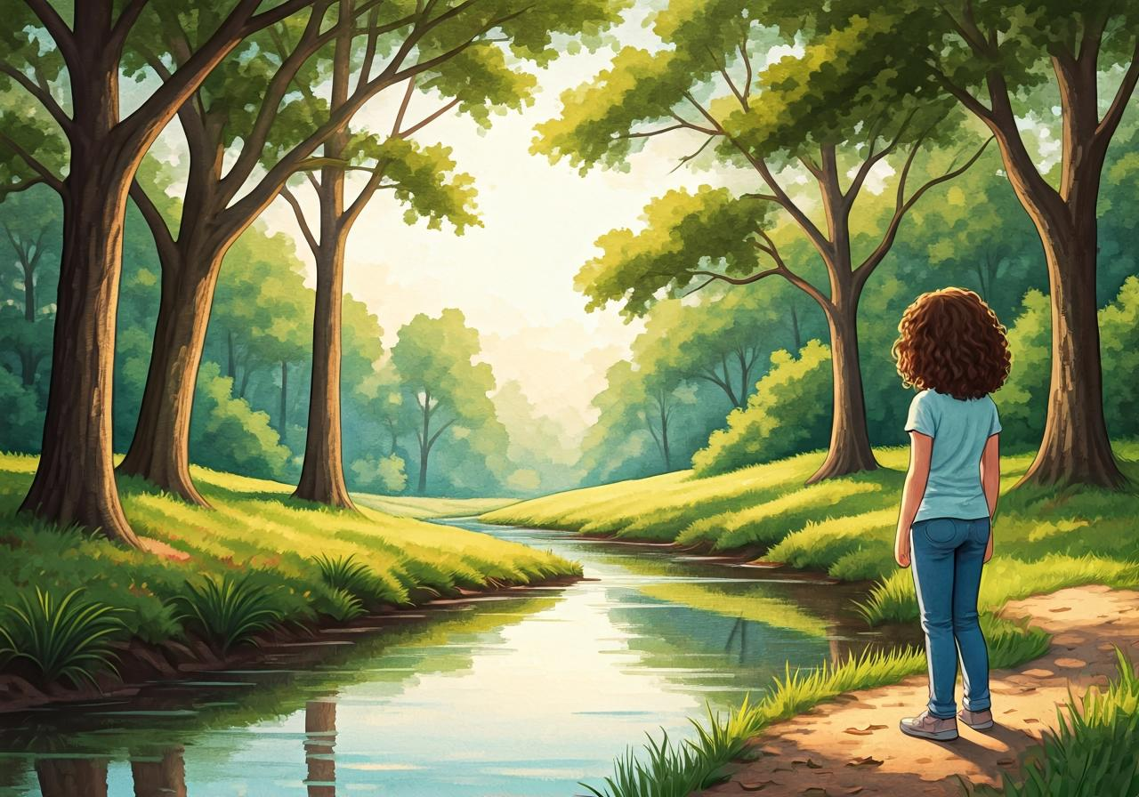 Girl standing on a path beside a creek in a forest